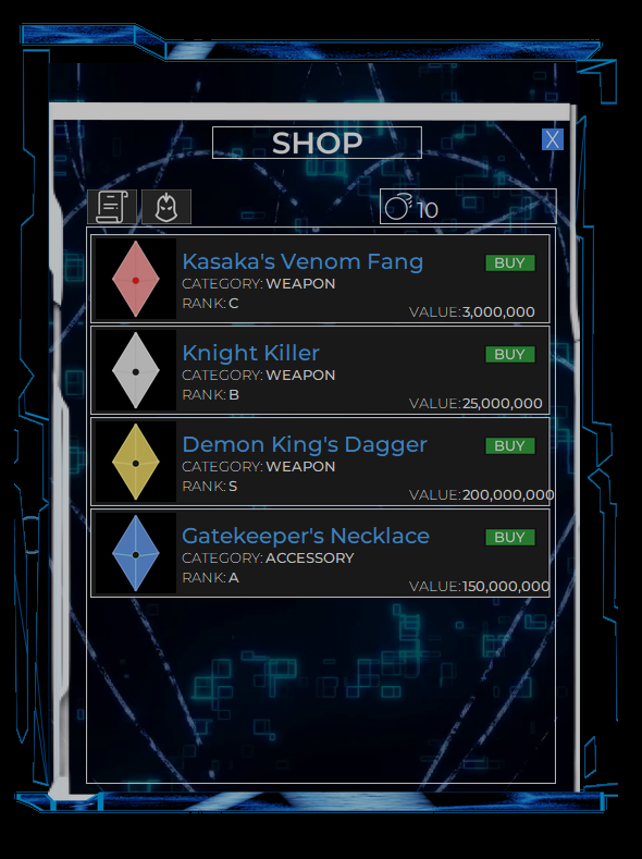 Digital shop interface with weapon and accessory items for purchase.