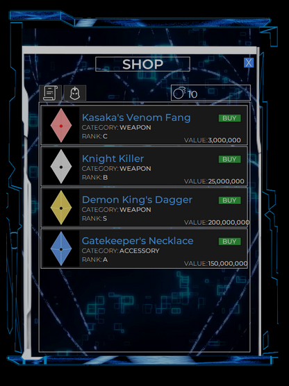 Digital shop interface with weapon and accessory items for purchase.